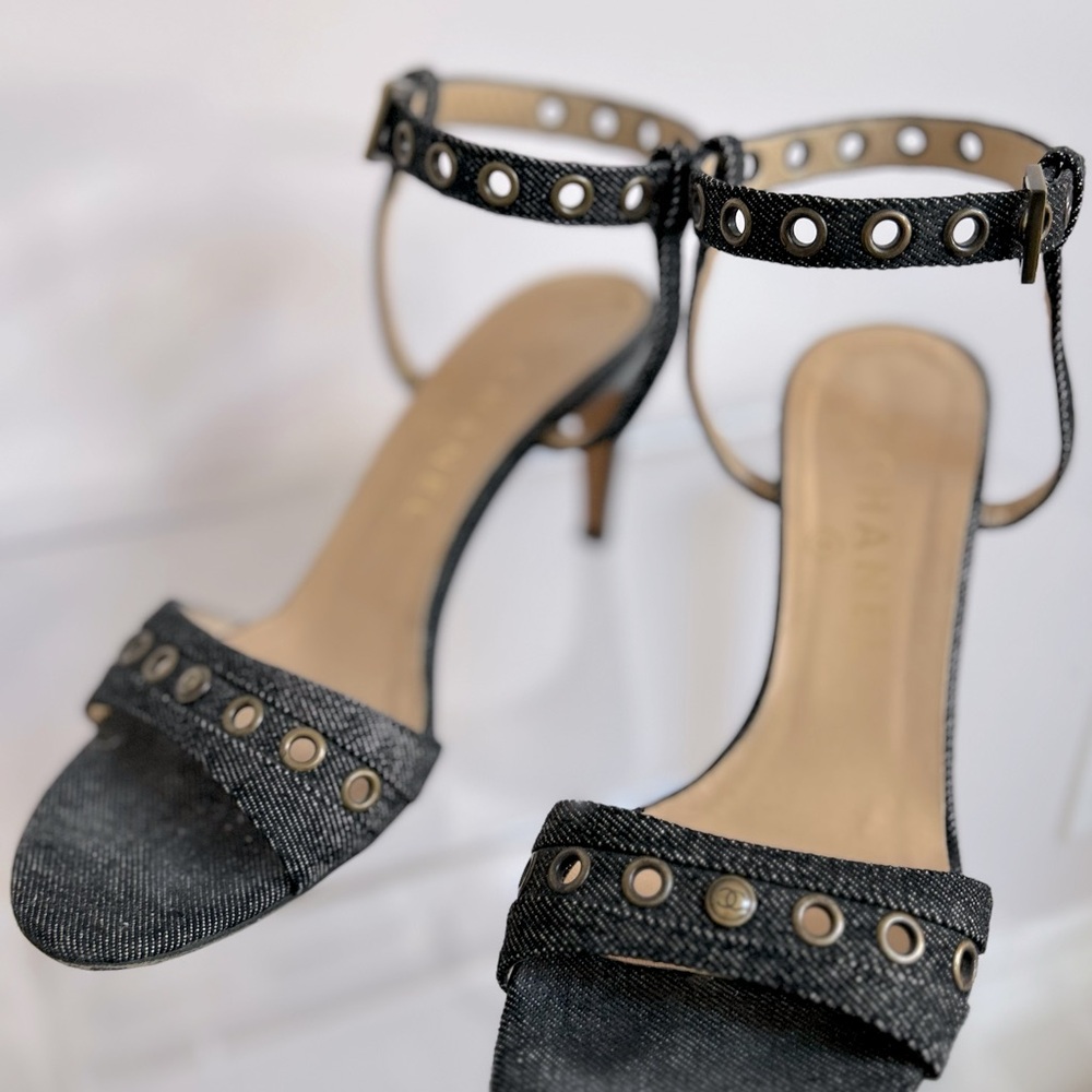 Chanel Denim Heels with Grommets and Ankle Straps